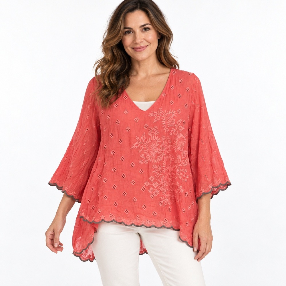 Johnny Was Eyelet Embroidered Blouse Women M Coral Bell Sleeve High Low